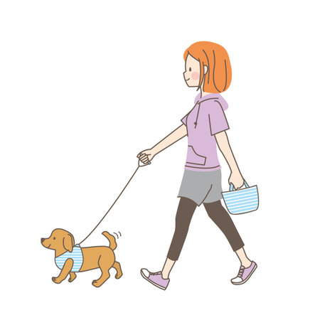Illustration of young woman walking dog in parkのイラスト素材