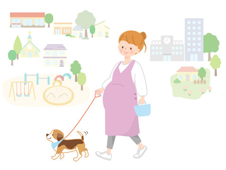 Illustration of young pregnant woman walking her dogのイラスト素材