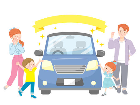 Car and smiling family of 4 people vector illustrationのイラスト素材