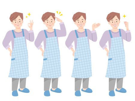 Set of positive facial expressions of man in apronのイラスト素材
