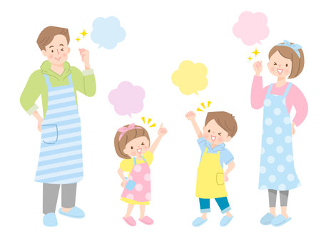 Set of positive expressions for a family of four in an apronのイラスト素材