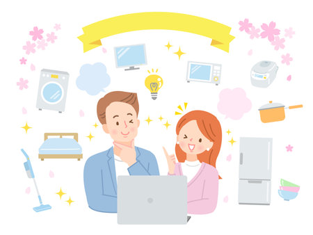 Image illustration of a young couple thinking about preparing for a new lifeのイラスト素材