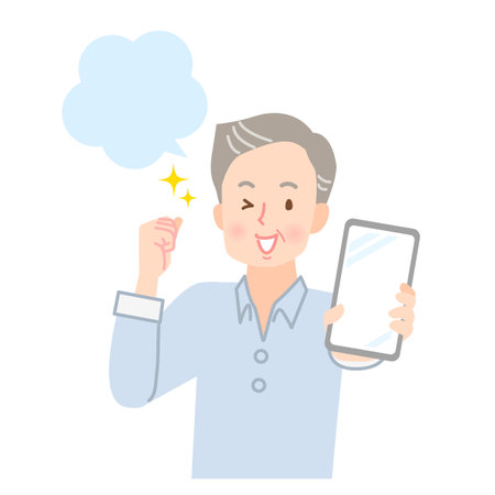 Energetic senior man showing smartphone screenのイラスト素材