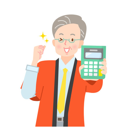 Middle-aged man holding calculator and smilingのイラスト素材