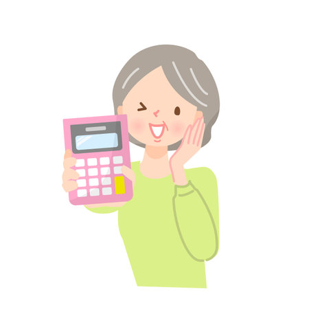 Middle-aged woman holding calculator and smilingのイラスト素材