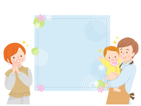 Baby and smiling dad and mom and design frameのイラスト素材