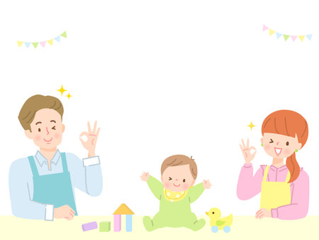Daddy and mom watching baby playing cheerfully Stock illustrationのイラスト素材