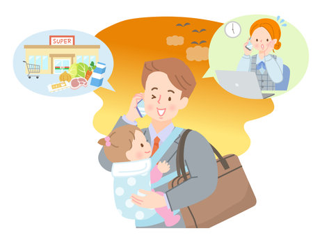 Dad in suit picking up and dropping off baby from nursery schoolのイラスト素材
