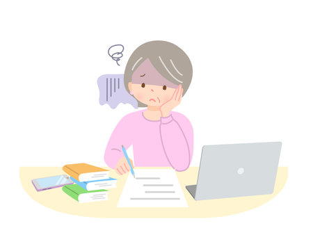 Senior woman with a cheek face studyingのイラスト素材