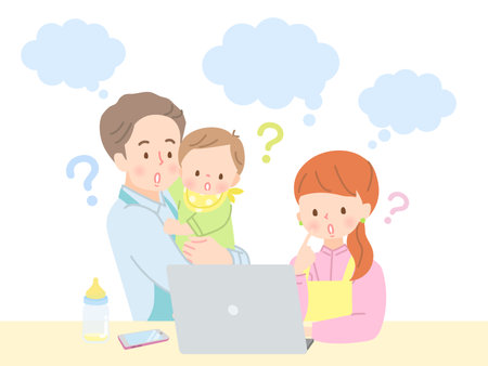 Baby and family with anxious face doing research on PCのイラスト素材