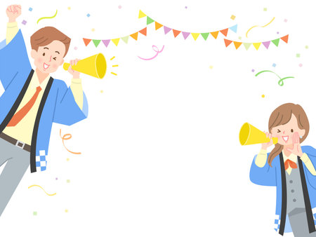 Men and women in legal coats calling in with megaphones and design backgroundのイラスト素材