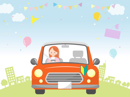 Woman driving with beginner mark vector illustrationのイラスト素材
