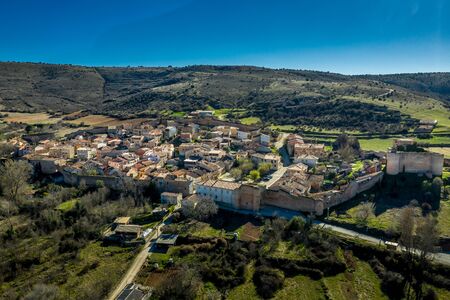 Palazuelos aerial panorama view of medieval walled town in Guadalajara Spainの写真素材