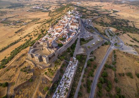 Monsaraz Portugal aerial shot of walled medieval villageの写真素材