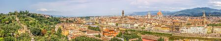 Aerial panorama of Florence show the city walls the bridges over the Arno river, the city hall, cathedralの写真素材