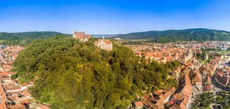 Aerial panorama view of    site Sighisoara in Transylvania, Romania  towers, city walls, gates and bastionsの写真素材