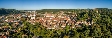 Aerial panorama view of    site Sighisoara in Transylvania, Romania  towers, city walls, gates and bastionsの写真素材