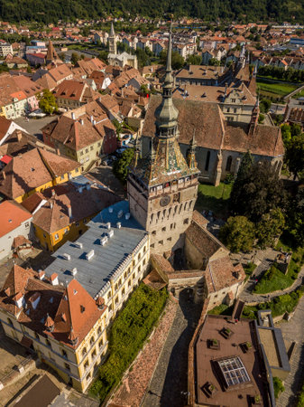 Aerial panorama view of    site Sighisoara in Transylvania, Romania  towers, city walls, gates and bastionsの写真素材