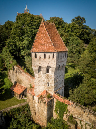 Aerial panorama view of    site Sighisoara in Transylvania, Romania  towers, city walls, gates and bastions, clock towerの写真素材