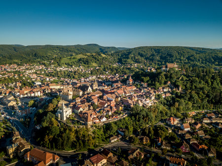 Aerial panorama view of    site Sighisoara in Transylvania, Romania  towers, city walls, gates and bastionsの写真素材