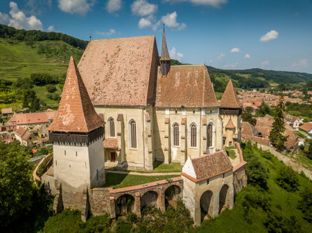 Aerial view of    site Biertan fortified saxon church and village in Romaniaの写真素材