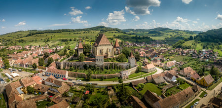 Aerial view of    site Biertan fortified saxon church and village in Romaniaの写真素材