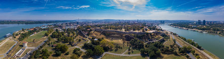 Aerial view of the castle of Beograd (Belgrade) the Kalemegdan at the meeting point of the Danube and Sava rivers in Serbia with rings of fortificationsのeditorial素材