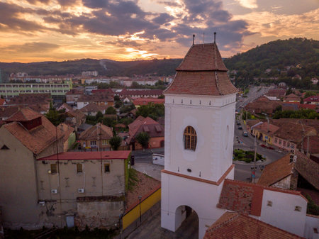 Aerial view of Medias (Medgyes) medieval Saxon town in Transylvania Romaniaの写真素材