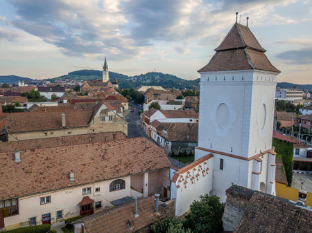 Aerial view of Medias (Medgyes) medieval Saxon town in Transylvania Romaniaの写真素材
