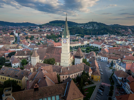 Aerial view of Medias (Medgyes) medieval Saxon town in Transylvania Romaniaの写真素材