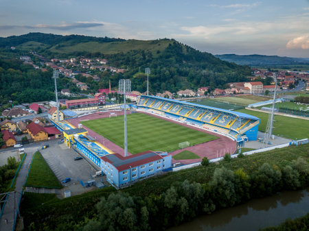 Aerial view of Gas Metan Medias stadium in Romaniaの写真素材