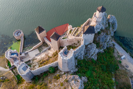 Aerial view of restored medieval Golubac fortress, trdava Golubac  on the bank of the Danube in Serbia for Yugoslavia across from Romania major tourist destinationのeditorial素材