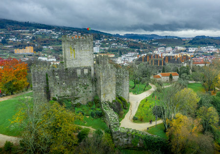 Aerial view of well-preserved medieval buildings hilltop, 10th-century GuimarÃ£es Castle with its sweeping city views. Restored Dukes of BraganÃ§a Palace, Romanesque SÃ£o Miguel do Castelo Churchのeditorial素材