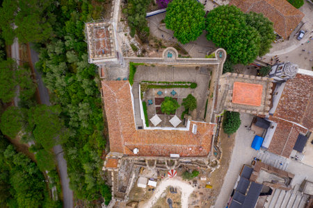 Aerial view of Obidos castle and walled medieval town in Central Portugal one of the seven wonders of Portugal with a pousada luxury hotel popular tourist destinationのeditorial素材