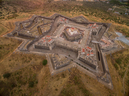 Aerial view of Elvas fort in Portugal with a bastion, redoubt, tenailles and ditchesのeditorial素材
