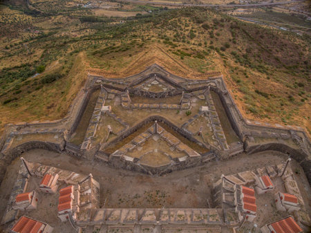 Aerial view of Elvas fort in Portugal with a bastion, redoubt, tenailles and ditchesのeditorial素材