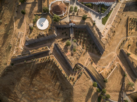 Aerial view of Elvas fort in Portugal with a bastion, redoubt, tenailles and ditchesのeditorial素材