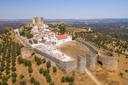 Aerial view of Evoramonte castle and picturesque village with white houses in Portugalのeditorial素材