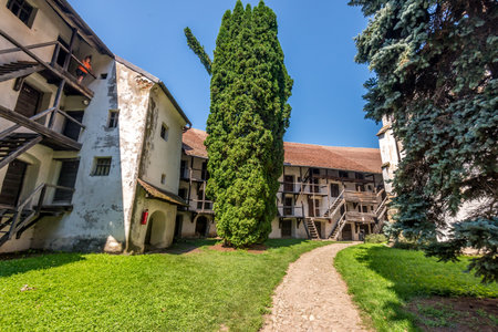 Aerial view of Prejmer Prazsmar fortified Saxon church in Transylvania Romaniaの写真素材