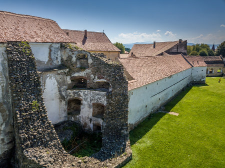 Aerial view of Prejmer Prazsmar fortified Saxon church in Transylvania Romaniaの写真素材