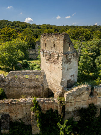 Aerial view of Saschiz Szaszkezd Saxon castle and village in Transylvania Romaniaの写真素材