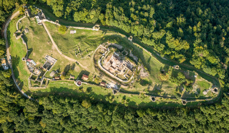 Aerial view of the donjon of medieval Saris castle in Slovakia on a summer afternoonの写真素材