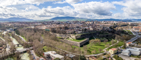 Aerial view of medieval Pamplona city fortifications in Navarra Spain where the running of the bulls takes placeの写真素材