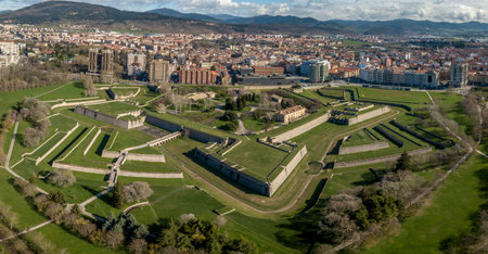 Aerial view of medieval Pamplona city fortifications in Navarra Spain where the running of the bulls takes placeの写真素材