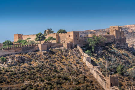 Almeria medieval castle panorama with blue sky from the air in Andalusia Spain former Arab strongholdのeditorial素材