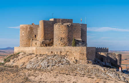 Consuegra castle and windmills aerial view with blue sky in La Mancha Spain famous Don Quixote siteのeditorial素材