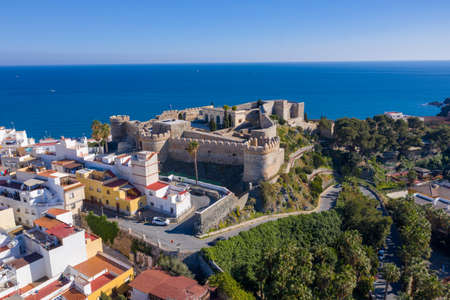 Salobrena castle and hilltop town along the Mediterranean sea in Andalusia Spain aerial panoramaのeditorial素材