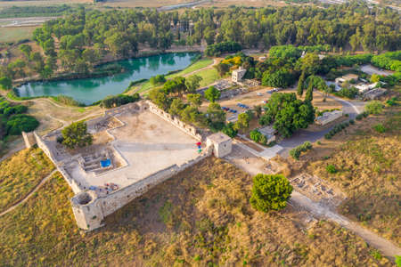 Aerial view of Antipatrus castle or Binar Bashi Ottoman era fortress near the Yarkon River in Israel