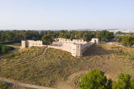 Aerial view of Antipatrus castle or Binar Bashi Ottoman era fortress near the Yarkon River in Israel