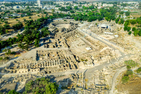 Aerial view of ancient Beit Shean ruins of a Roman Byzantine era settlement in Israel with blue skyのeditorial素材